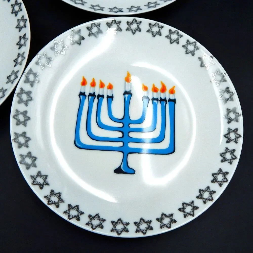 Pier 1 One Imports Hanukkah Menorah Salad Dessert Plates Star of David S/4 Dish